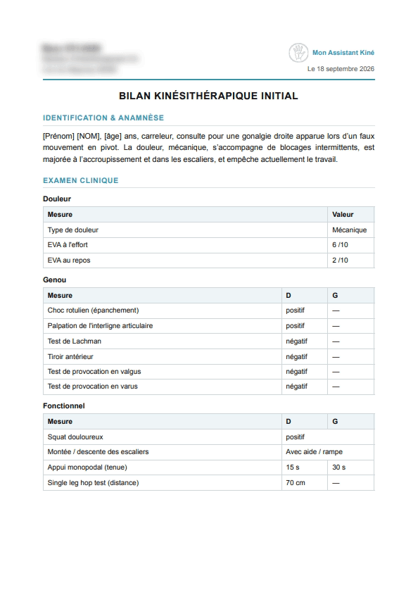 Bilan kiné rédigé par Mon Assistant Kiné, page 1