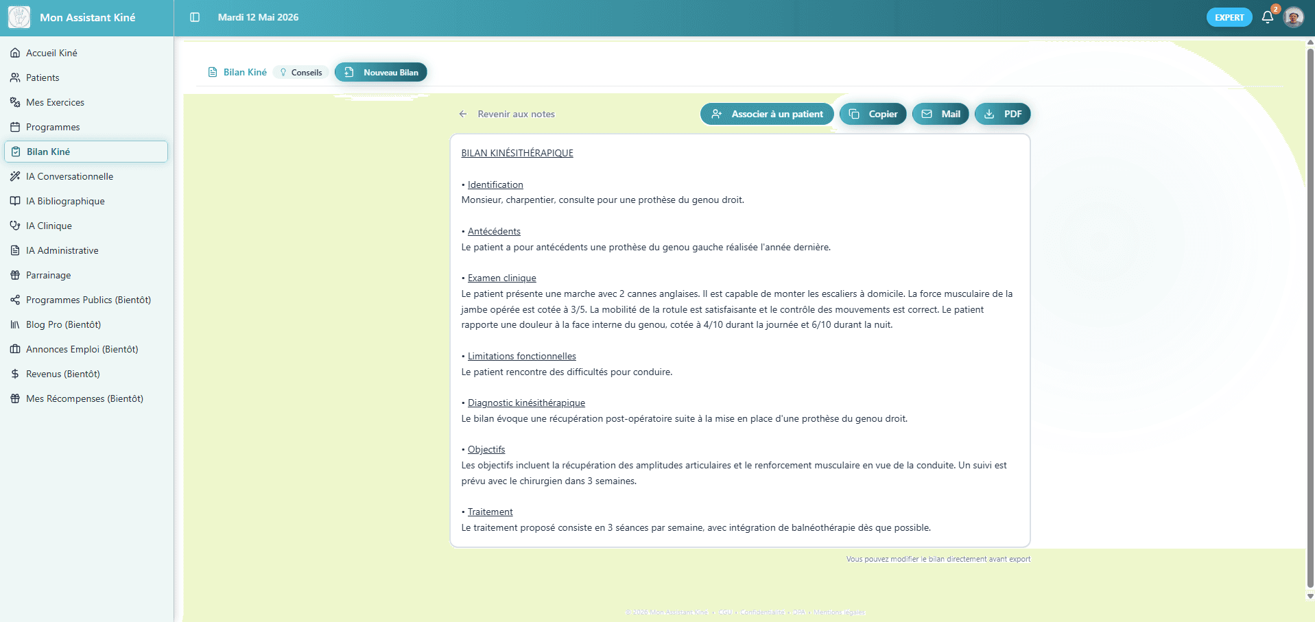 Capture d'écran du module de documentation bilan kinésithérapique de Mon Assistant Kiné