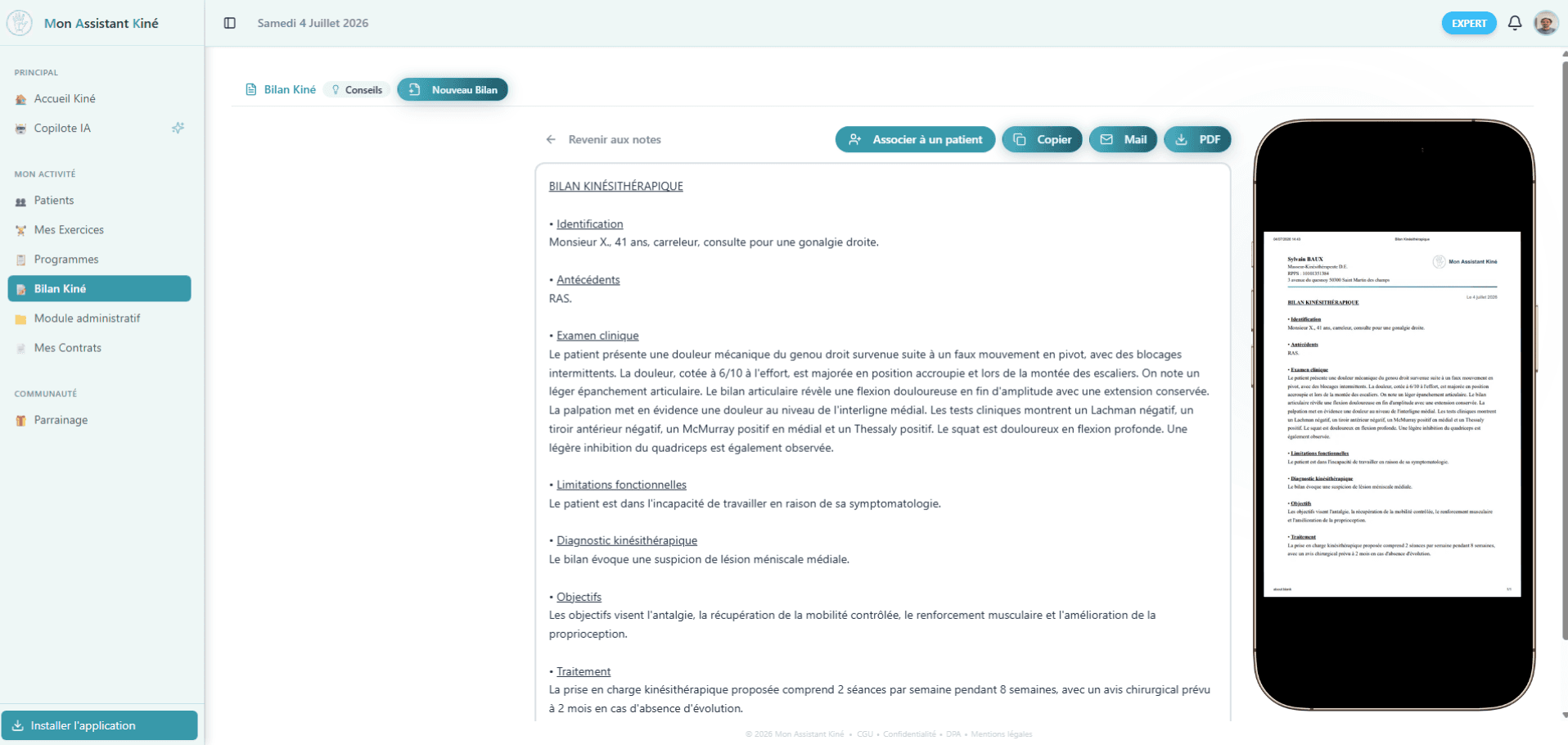 Capture d'écran du module de documentation bilan kinésithérapique de Mon Assistant Kiné