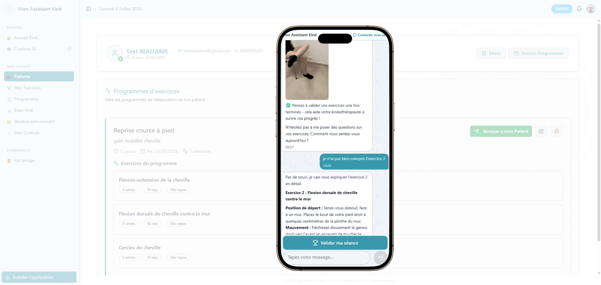 Capture d'écran du suivi patient WhatsApp et programme d'exercices de Mon Assistant Kiné