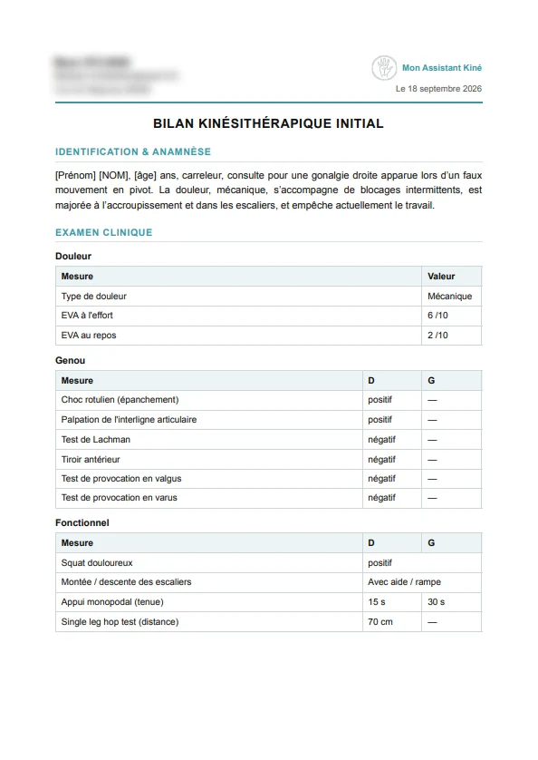 Page 1 du bilan kiné généré