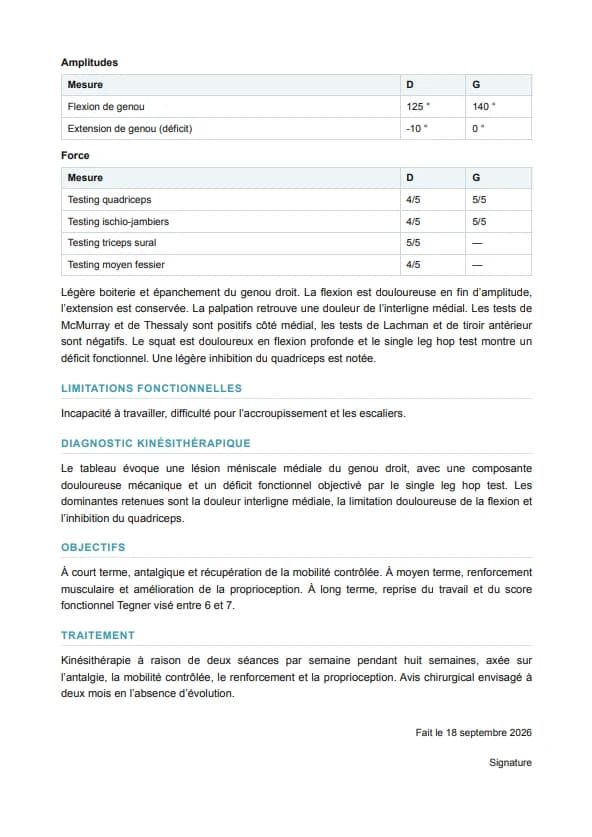 Page 2 du bilan kiné généré