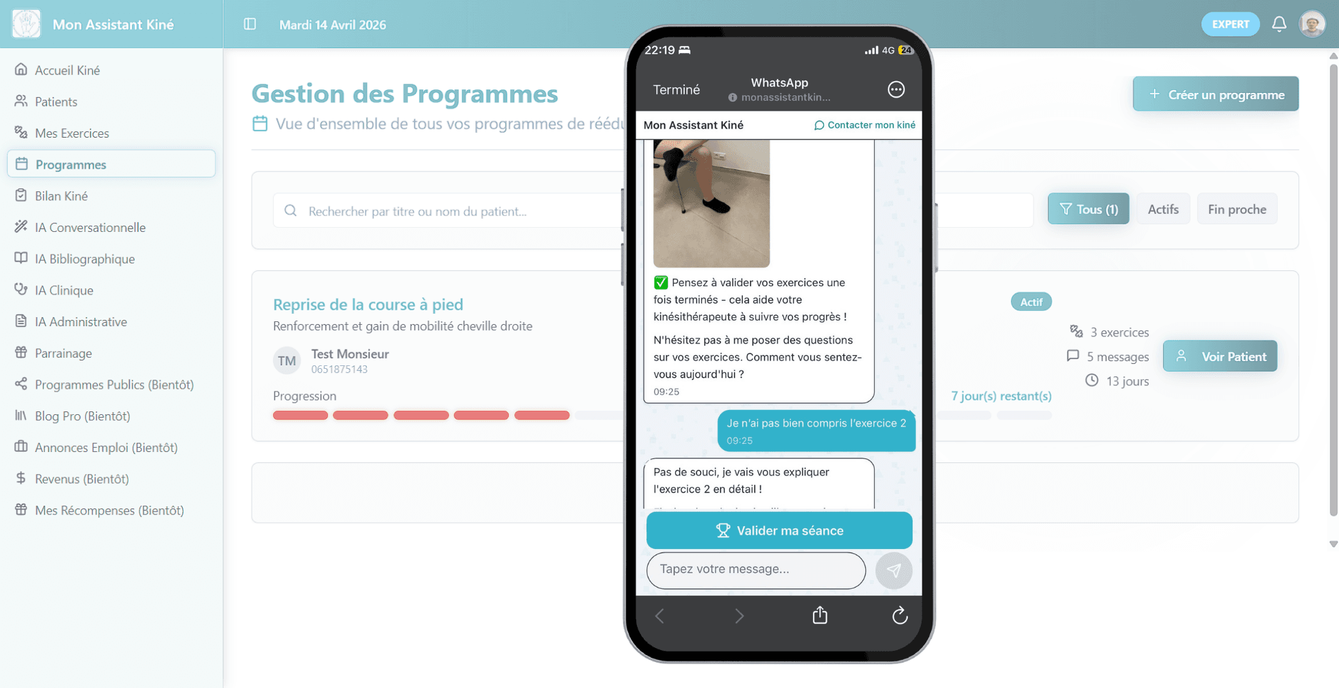 Capture d'écran du suivi patient WhatsApp et programme d'exercices de Mon Assistant Kiné