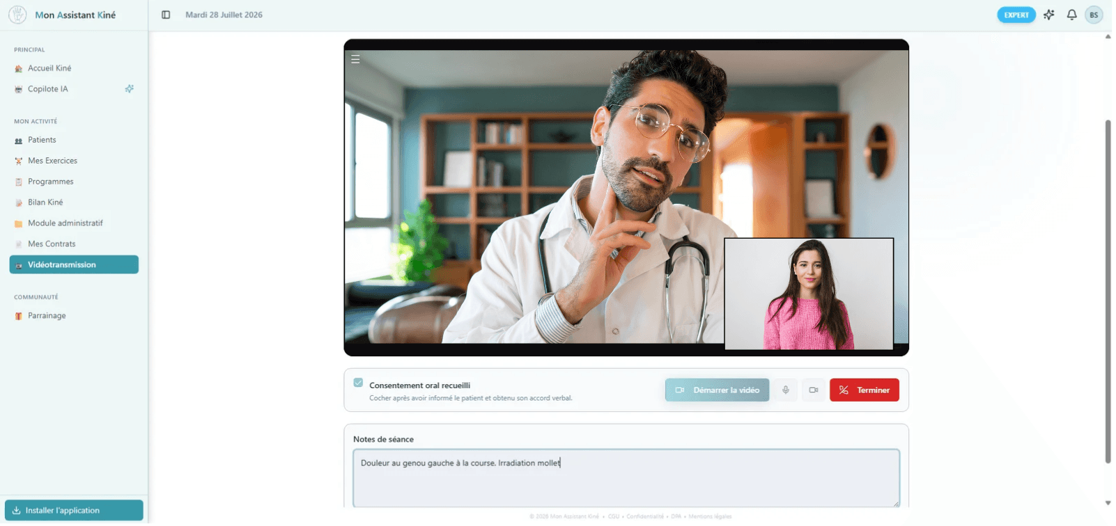 Interface du module vidéotransmission de Mon Assistant Kiné — téléconsultation kinésithérapie