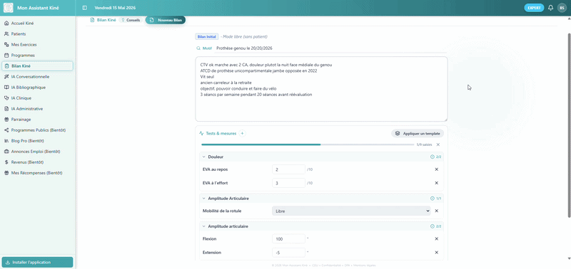 Génération de bilan en 3 minutes — Mon Assistant Kiné